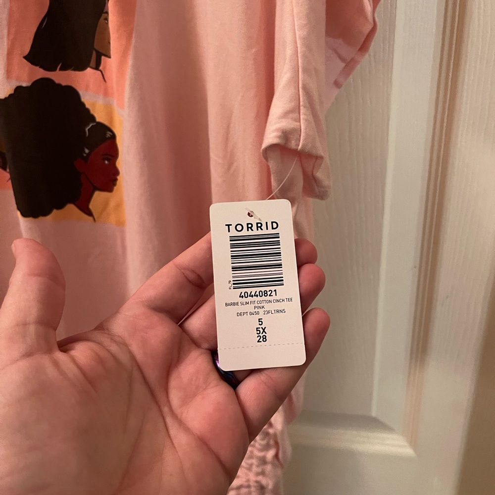 NWT torrid size 5 brunette, bald Barbie Slim Fit Cotton Cinch Tee pink brown - Picture 10 of 12